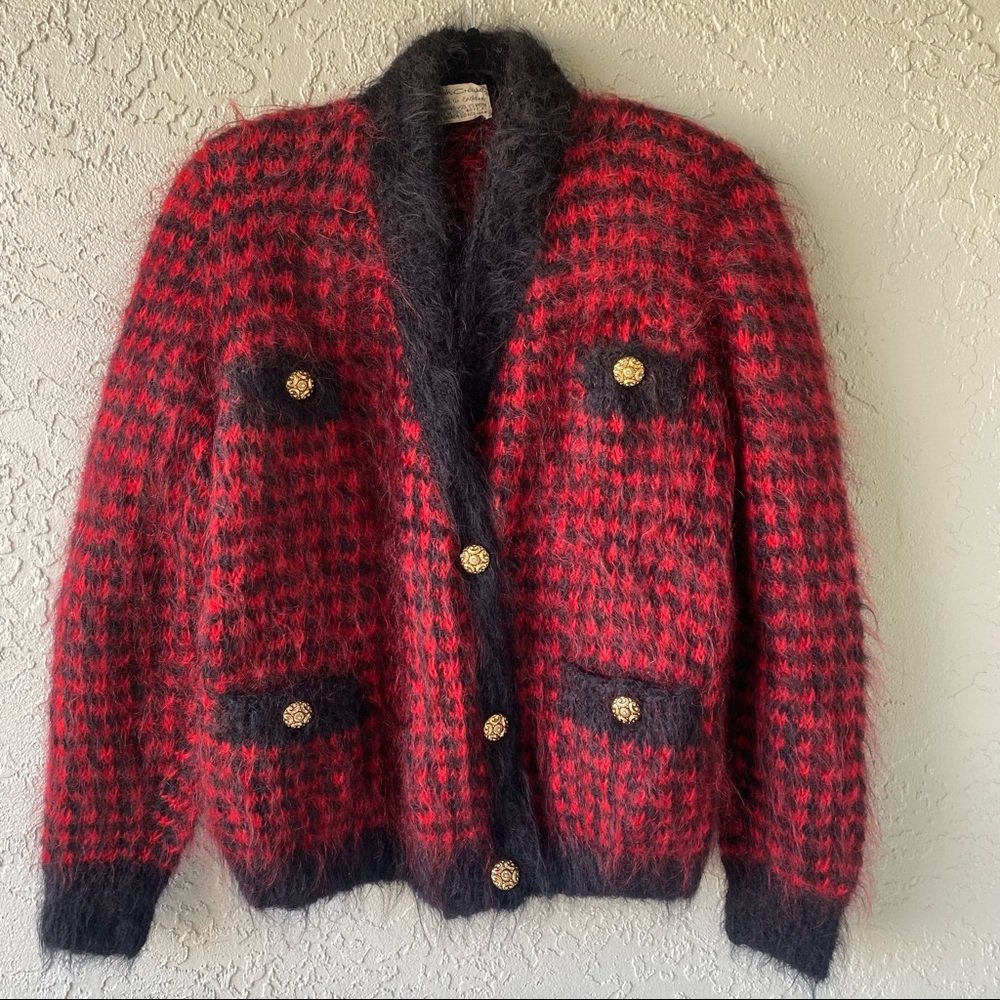 Vintage Sarah Crewe mohair wool houndstooth black and red cardigan sweater